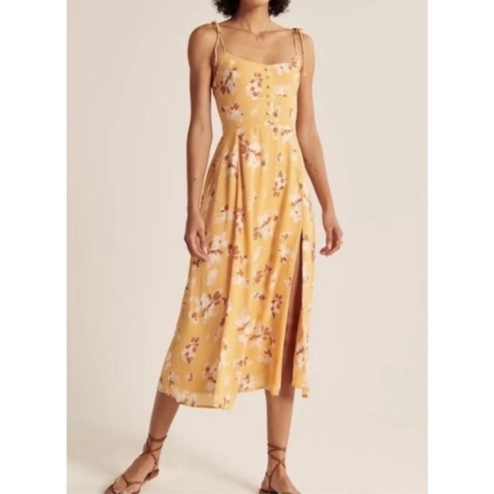 Abercrombie & Fitch Floral Yellow Buttery Midi Spaghetti Strap Dress Sz L